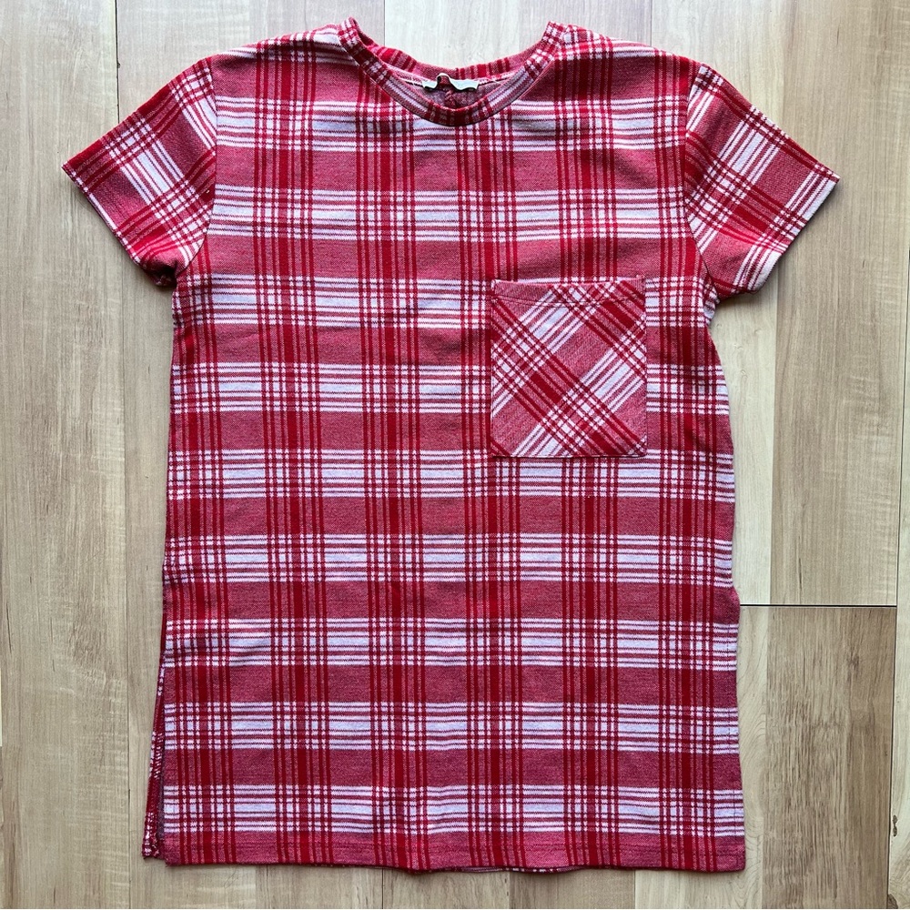 Zara Trafaluc striped red plaid print short sleeve fitted crewneck side slit top